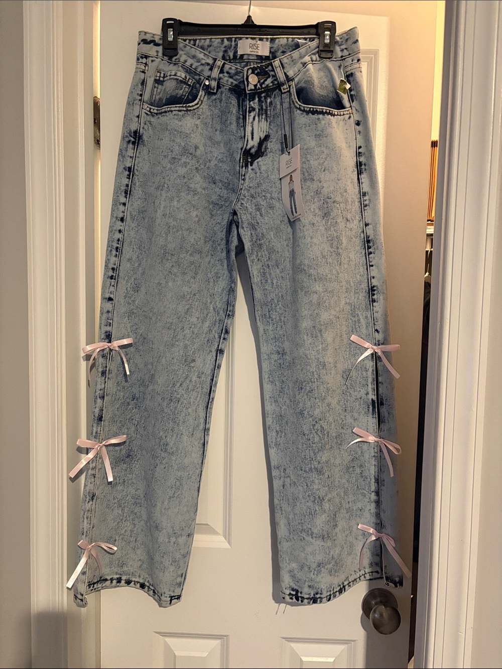 Acid Wash Wide Leg Jeans with Pink Bow Details